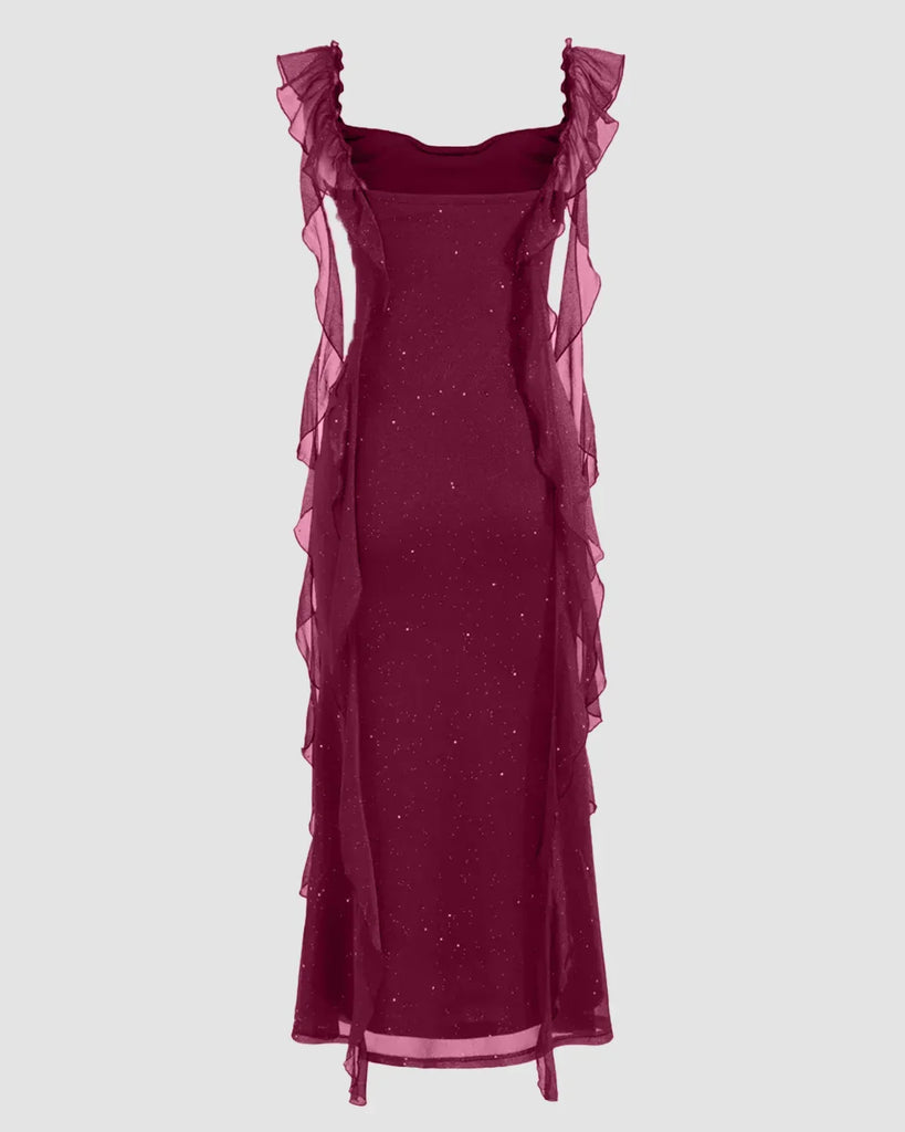 Maroon Ruched Mesh Bodycon Midi Dress