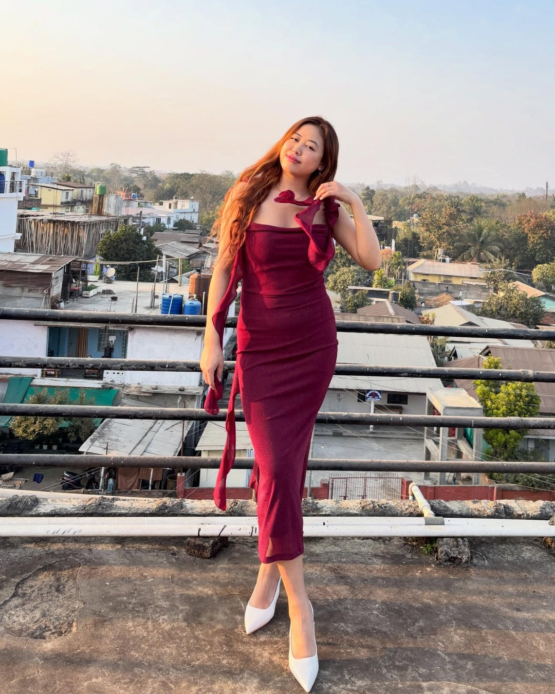 Maroon Ruched Mesh Bodycon Midi Dress