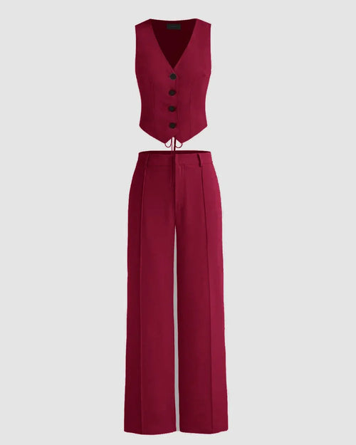 Matching Set of Vest Coat and Trouser in Burgundy Front View For Women | Littlebox India