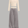 Melange Long Sleeve Fitted Top & Wide-Leg Pants Set Front View For Women | Littlebox India