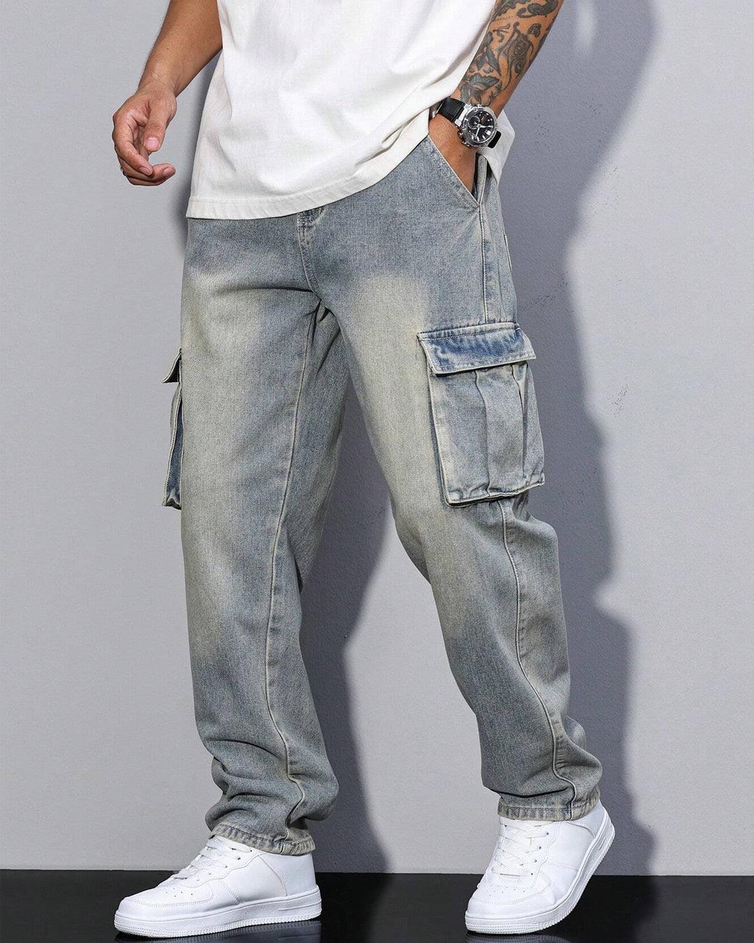Men's Casual Street Flap Pocket Loose Straight Leg Cargo Denim Jeans,