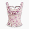 Mesh Cowl Neck Floral Ruffle Hem Crop Top in Lilac Front View for Women | Littlebox India