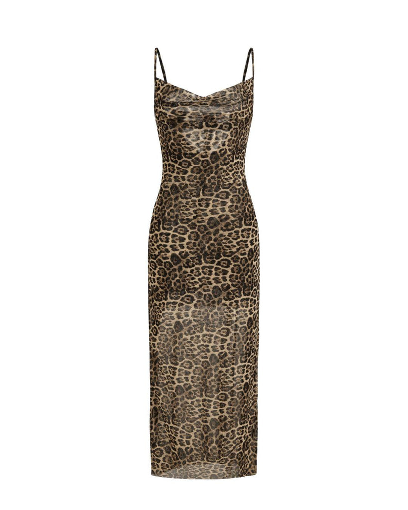 Mesh Cowl Neck Leopard Maxi Dress Front View for Women | Littlebox India