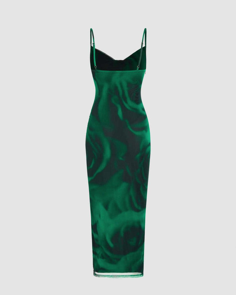 Mesh Cowl Neck Ruched Split Green Midi Dress - Littlebox India Mesh Cowl Neck Ruched Split Green Midi Dress - Littlebox India