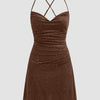 Front view of Brown mesh cowl neck sequin ruched mini dress with fitted silhouette and delicate shimmer detail