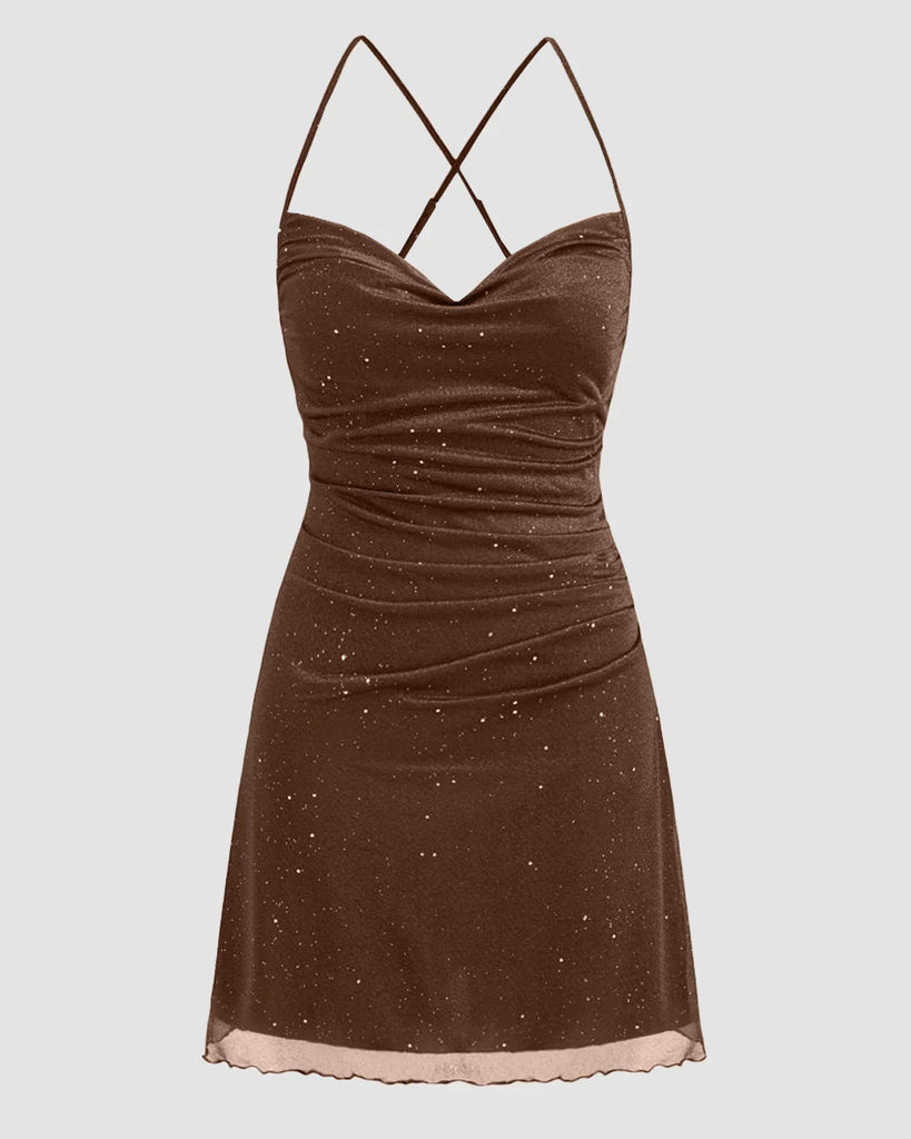 Brown Mesh Cowl Neck Sequin Mini Dress – Littlebox India