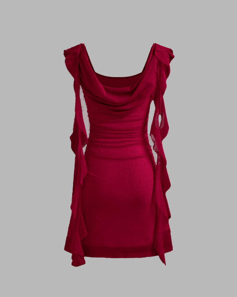mesh cowl neck mini dress in red, featuring ruched detailing and cascading ruffle back view