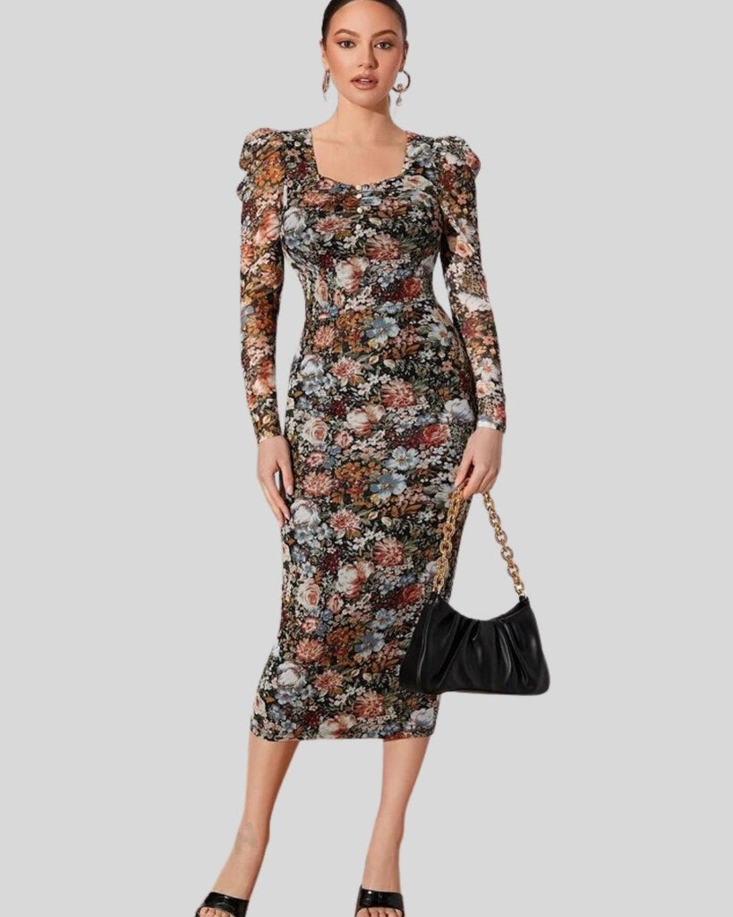 women wearing floral print fitted dress with puffed sleeves