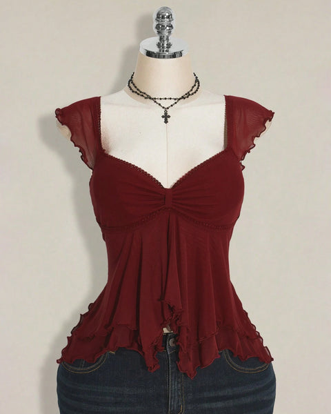 Mesh Flutter Sleeve Ruffle Hem Top Curve & Plus in Maroon Front View for Women | Littlebox India