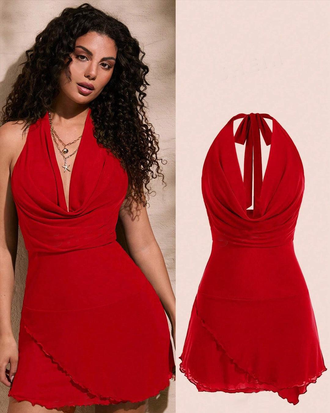 Mesh Halter Knotted Cowl Neck Mini Dress In Red