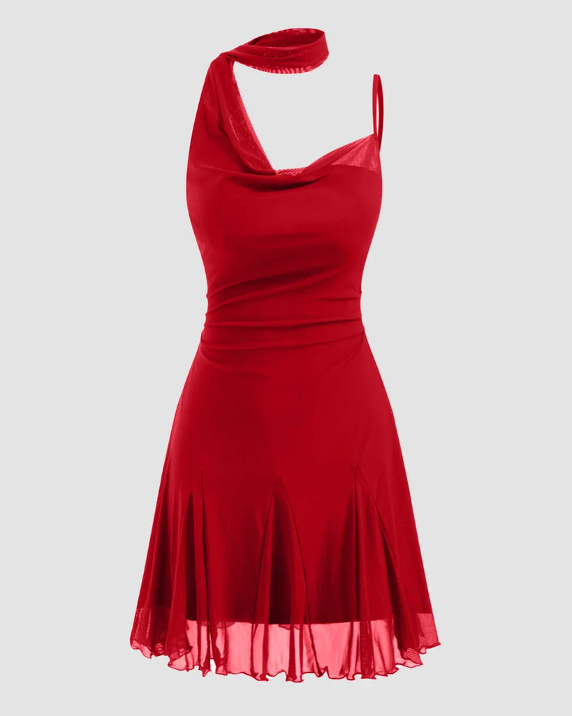 Halter Neckline Ruched Ruffle Hem Mini Dress in Red - Littlebox India