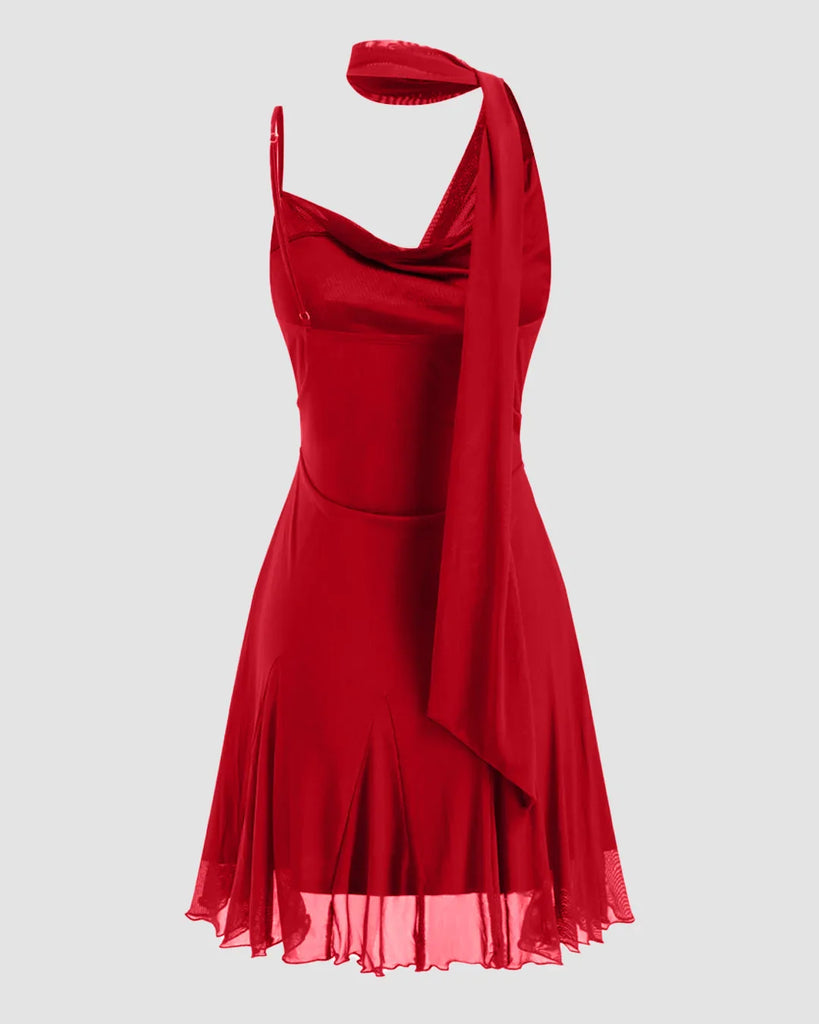 Halter Neckline Ruched Ruffle Hem Mini Dress in Red - Littlebox India