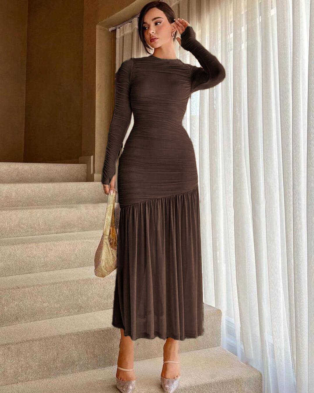 Waist Cinched Long Sleeve Coco Brown Dress Littlebox India