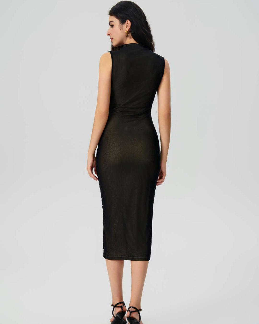 Sleeveless Mesh Midi Dress With Ruched High Neck - Main Image