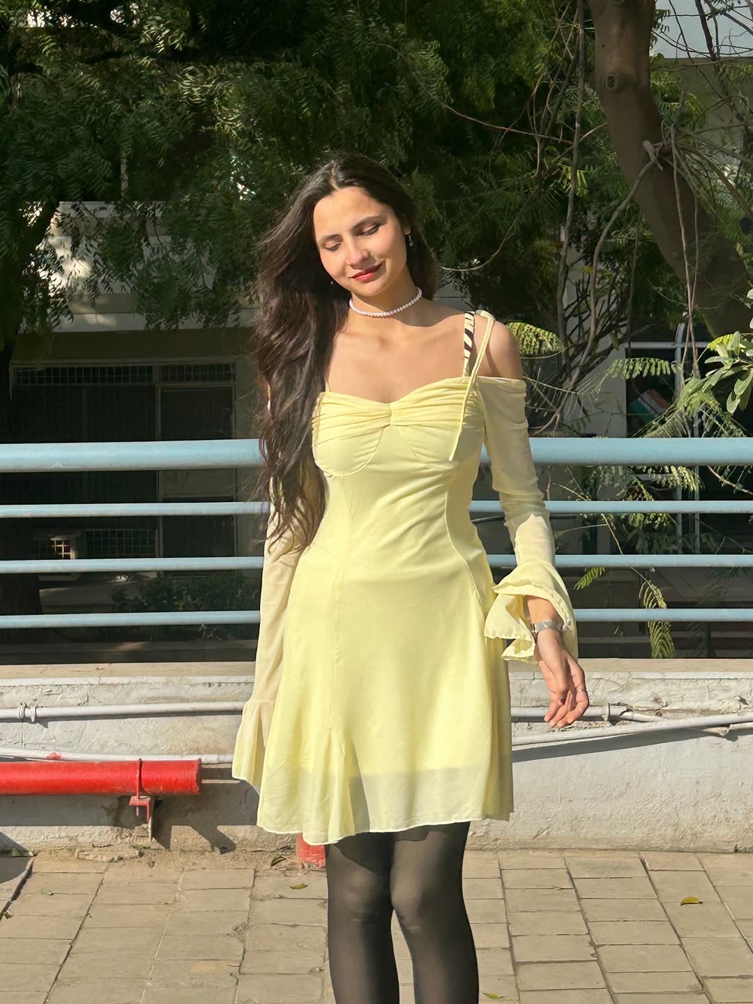 Customer photo 2 of Mesh Sleeve Tie-Strap Fit & Flare Dress in French Vanilla