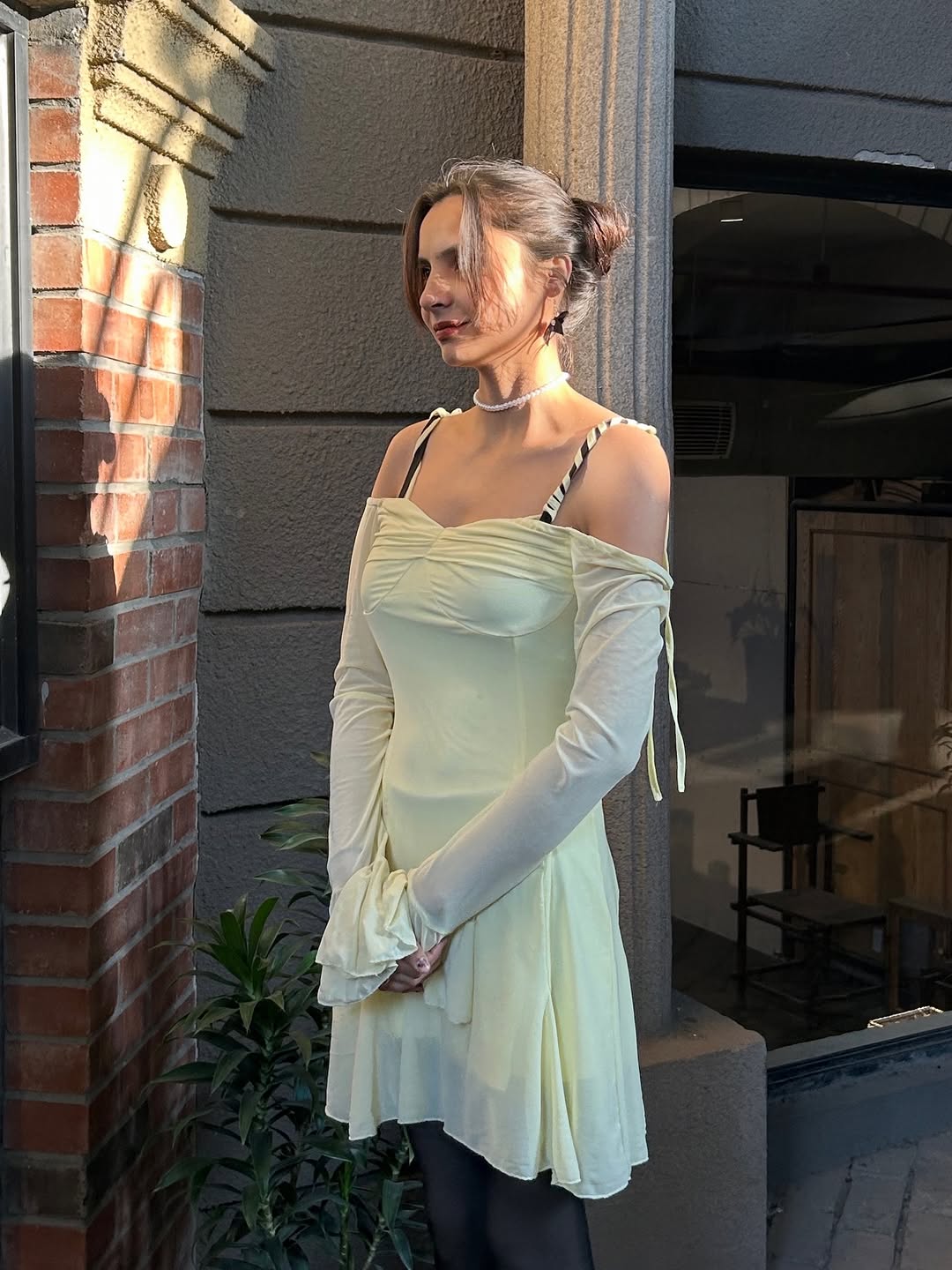 Customer photo 1 of Mesh Sleeve Tie-Strap Fit & Flare Dress in French Vanilla