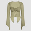 Herbal green women's full sleeve top with ruffled long sleeves and a mesh square neck, featuring an asymmetrical design