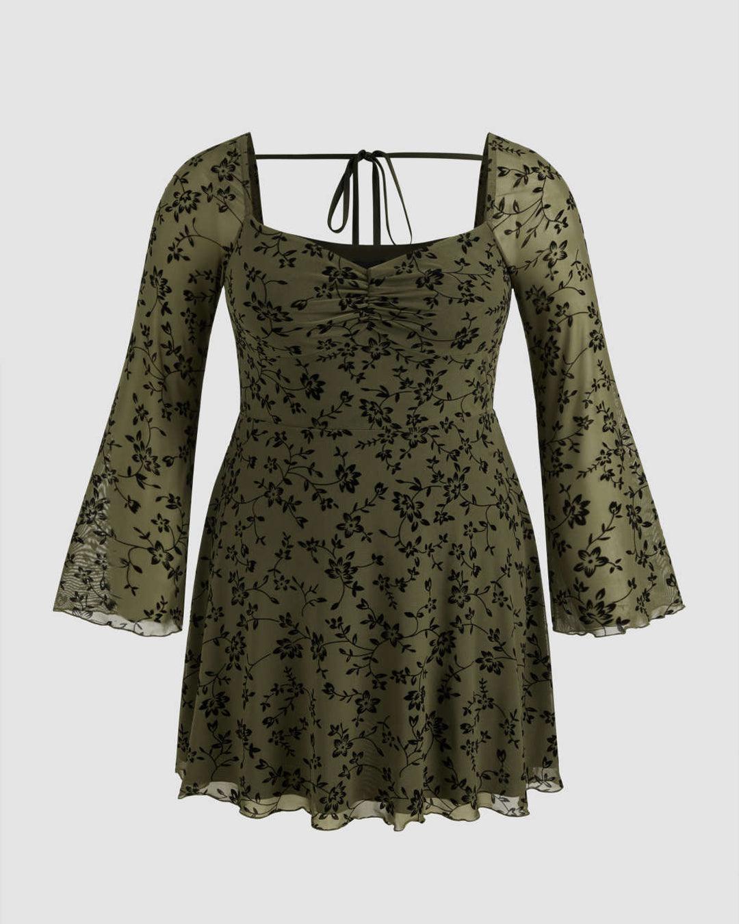 Mesh Sweetheart Neckline Floral Knotted Mini Dress Curve Plus