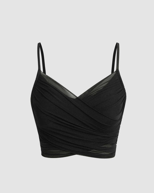 Mesh V-Neck Ruched Strappy Black Crop Top Front View For Women | Littlebox India