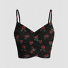 Front view of black mesh floral crop top with v neck, ruched detail and thin straps, stylish sexy black top.