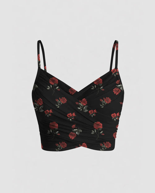 Front view of black mesh floral crop top with v neck, ruched detail and thin straps, stylish sexy black top.