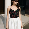 Mesh V-Neck Ruched Strappy Floral Black Crop Top On Model for Women | Littlebox India