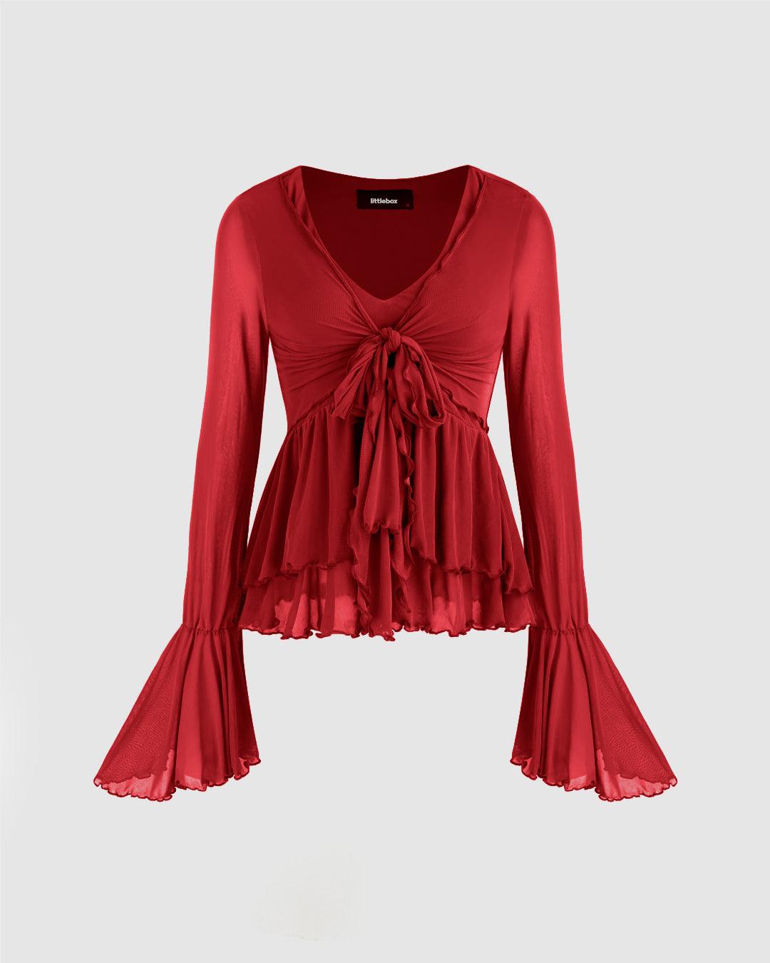Mesh V-neck Ruffle Bell Sleeve Red Top