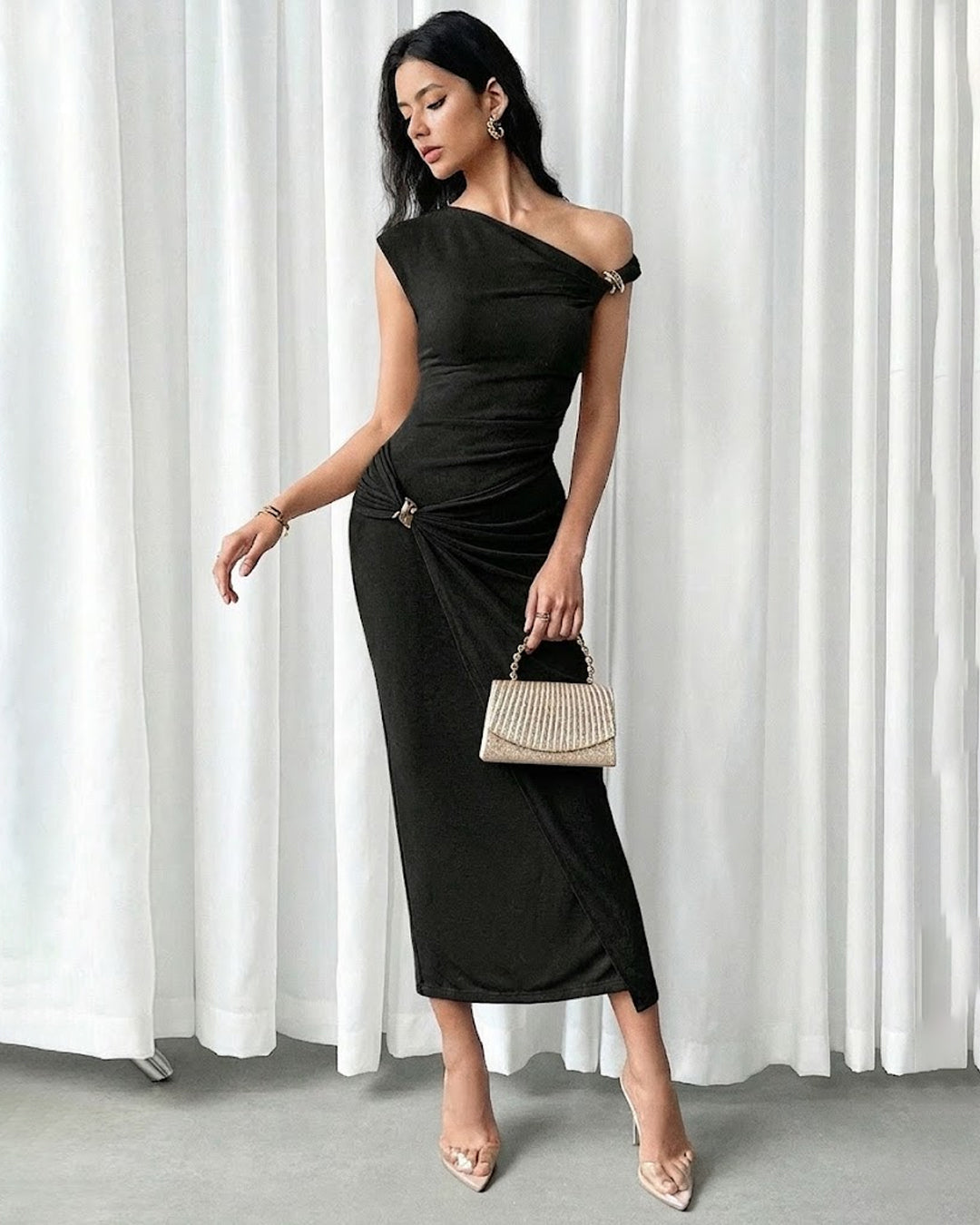 slim bodycon dress Metal Buckle Decor Fit Maxi in Black- Littlebox India shoulder style can be Aurora | Disney Wiki Size:6-12m (74-80cm) princess collection