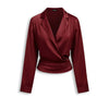 Metal Detail Ruched Wrap Collared Full Sleeve Top in Red Front View for Women | Littlebox India