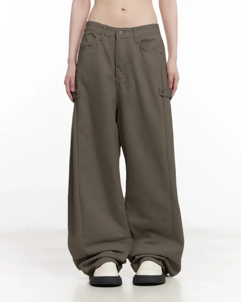 a grey crop top and mid-rise cargo wide-leg trousers featuring the word.
