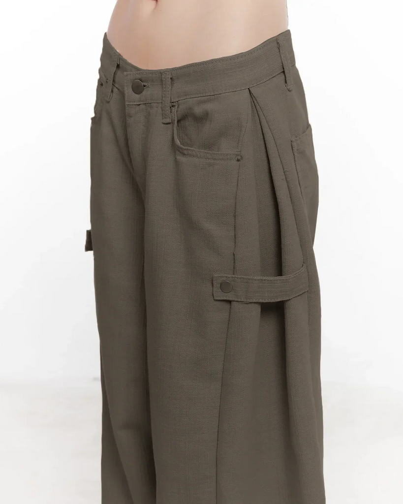 a grey crop top and mid-rise cargo wide-leg trousers featuring the word.