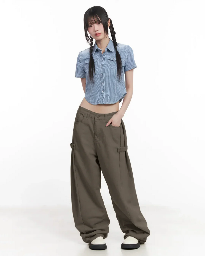 a grey crop top and mid-rise cargo wide-leg trousers featuring the word.