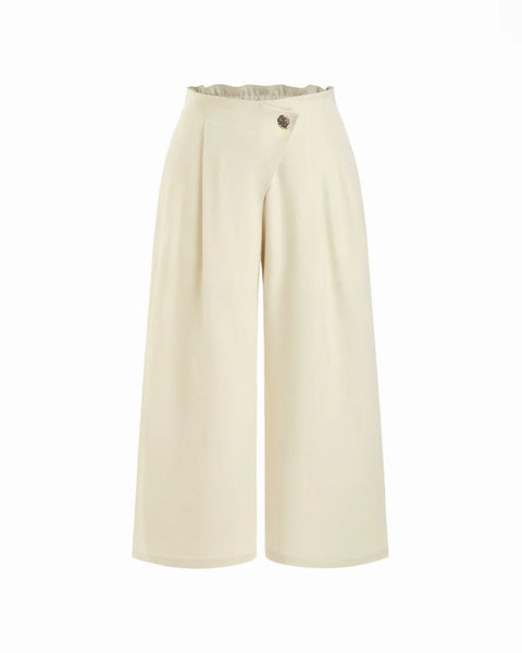Mid Rise Metal Detail Pleated Wide Leg Trousers Curve & Plus in Beige Front View for Women | Littlebox India