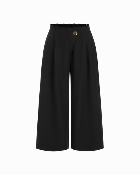 Mid Rise Metal Detail Pleated Wide Leg Trousers Curve & Plus in Black Front View for Women | Littlebox India