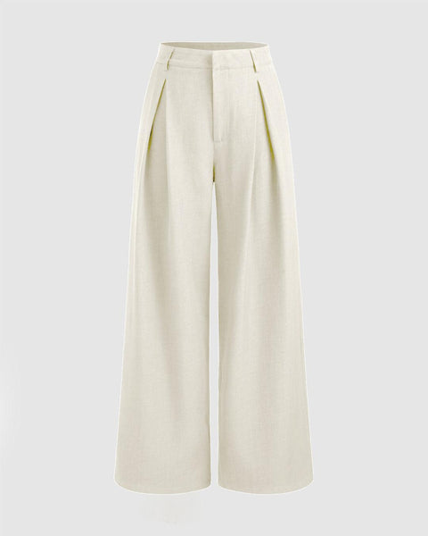 Mid-rise off-white wide leg trousers made from light fabric, featuring solid design and pockets