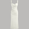 Milky white V-neck fishtail midi dress with a ruched bodice, flared hem, and a sleek, minimalistic design for effortless style.