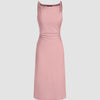 A minimal cowl neck bodycon dress in dusty pink with a scoop neck and straps.
