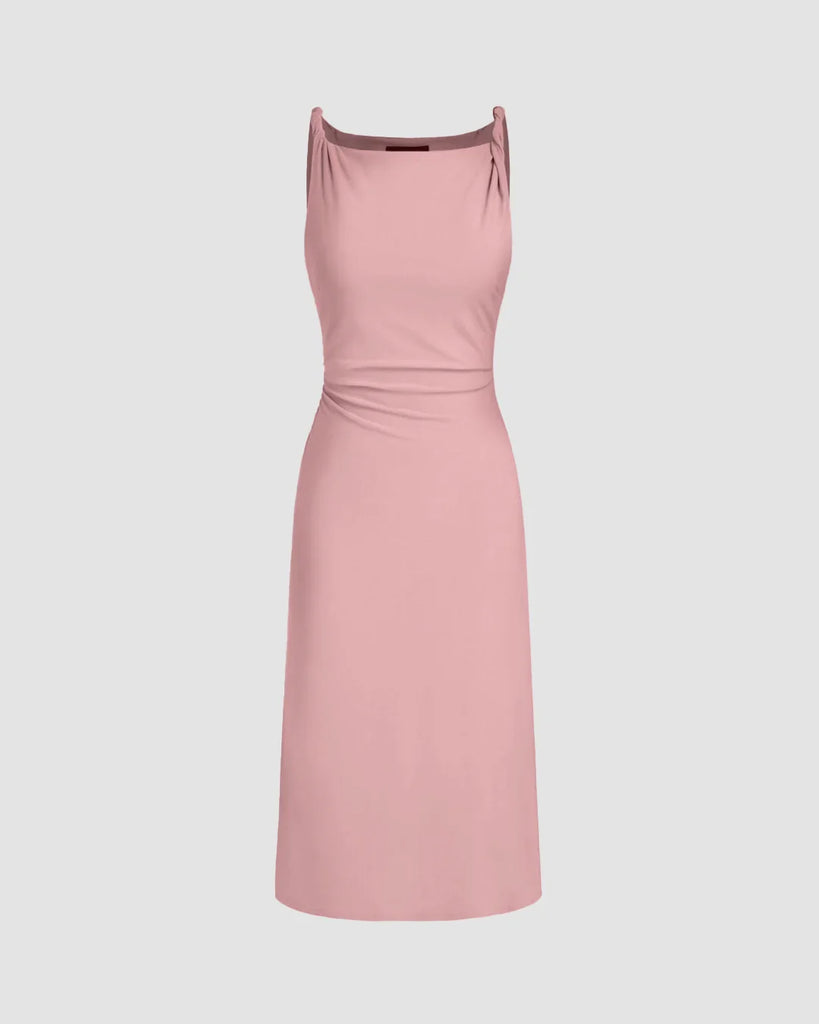 A minimal cowl neck bodycon dress in dusty pink with a scoop neck and straps.