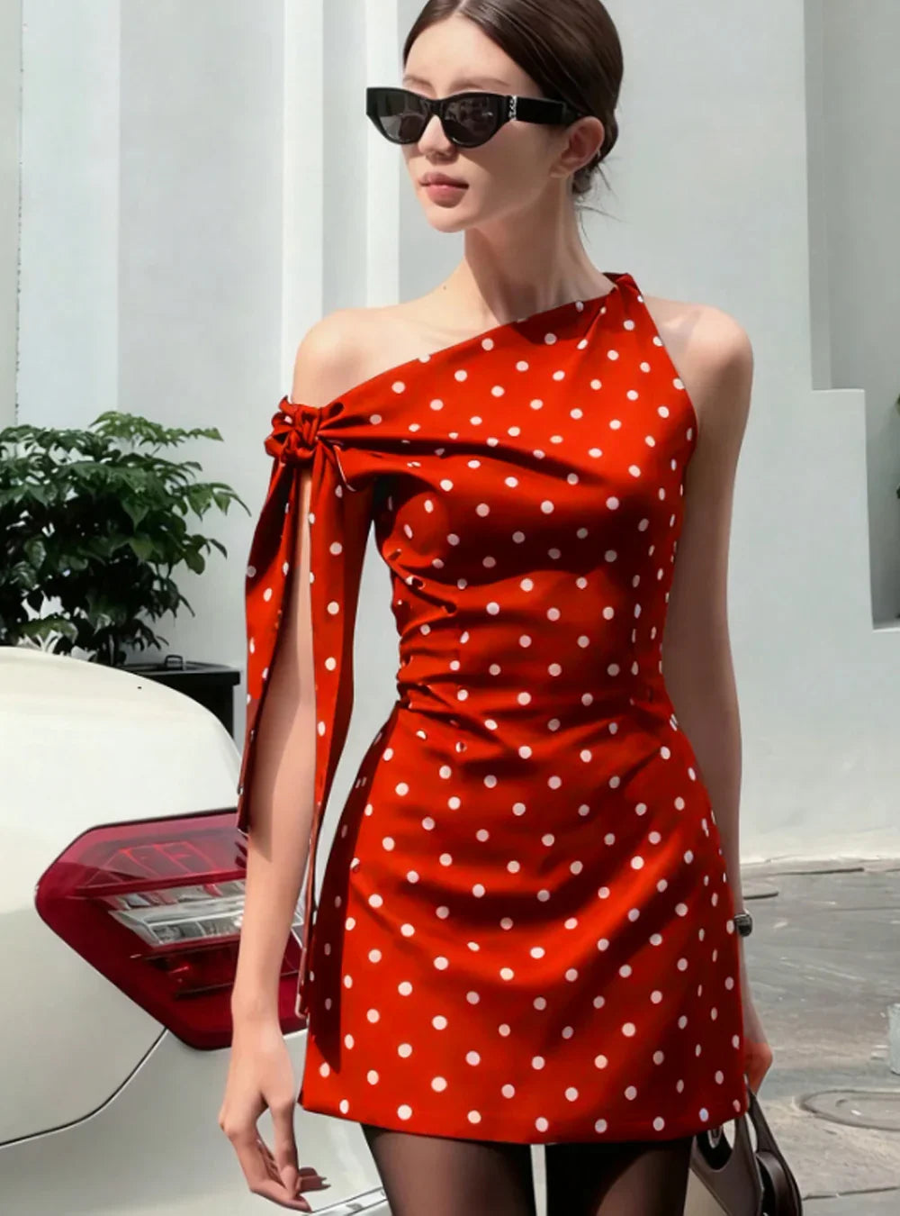 Minimalist Polka Dot Asymmetric Mini Dress - Littlebox India