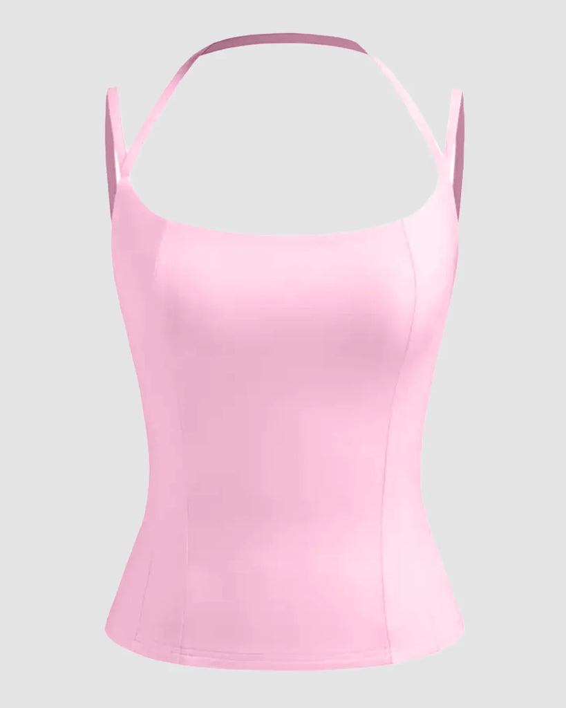 Minimalist square neck cami top in prism pink with straps, showcasing a sleek and modern design.
