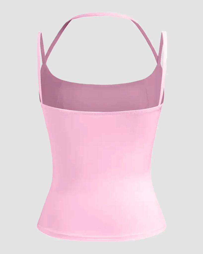 Back view of a Minimalist square neck cami top in prism pink with straps, showcasing a sleek and modern design.
