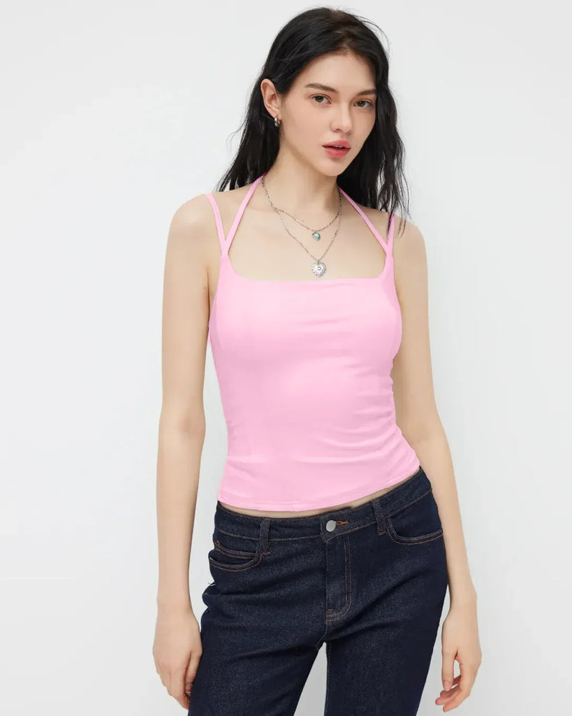 Minimalist square neck cami top in prism pink with straps, showcasing a sleek and modern design.
