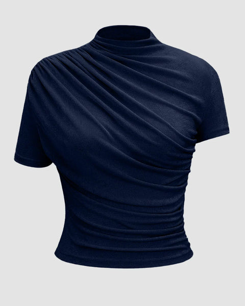 Front view of Dark navy blue mock neck top with ruched detailing and short sleeves, featuring a fitted silhouette for a sleek, flattering look