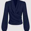 Navy Blue Draped V-Neck Full Sleeve Top Front View For Women | Littlebox India