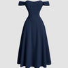 Navy blue one-shoulder dress with a faux fishbone design, crafted from soft cotton fabric.