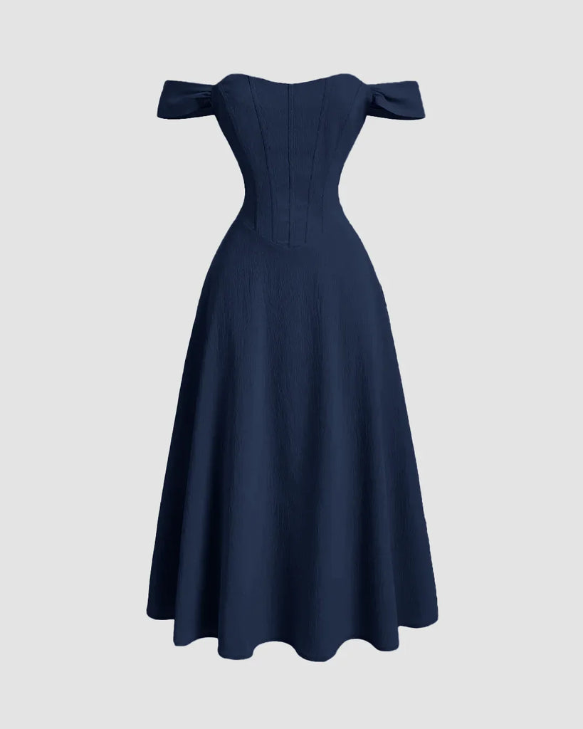 Navy blue one-shoulder dress with a faux fishbone design, crafted from soft cotton fabric.