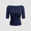 Navy Blue Fitted Knit Half Sleeve Top Front View for Women | Littlebox India