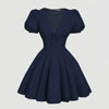 Navy Blue Puff Sleeve V-Neck Bow Boho Fit & Flare Mini Dress Front View for Women | Littlebox India