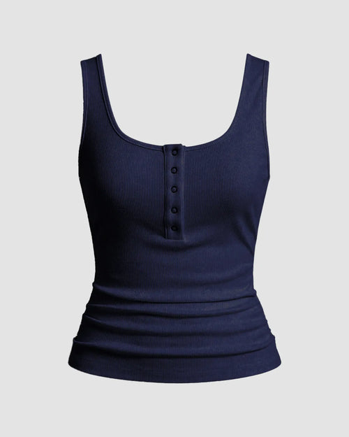 Navy Blue Ribbed Scoop Neck Tank Top with Buttons Front View For Women | Littlebox India