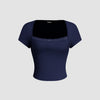 Navy Blue Ribbed Square Neck Lace Trim Top Front View for Women | Littlebox India